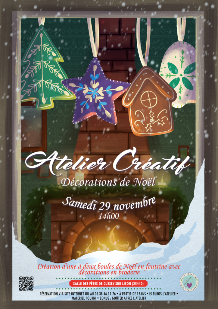 Affiche atelier créatif de Noël. Broderie feutrine. Les créations d'Alva